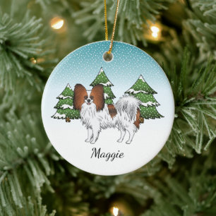 Red Sable Papillon Cute Dog In A Winter Forest Ceramic Tree Decoration