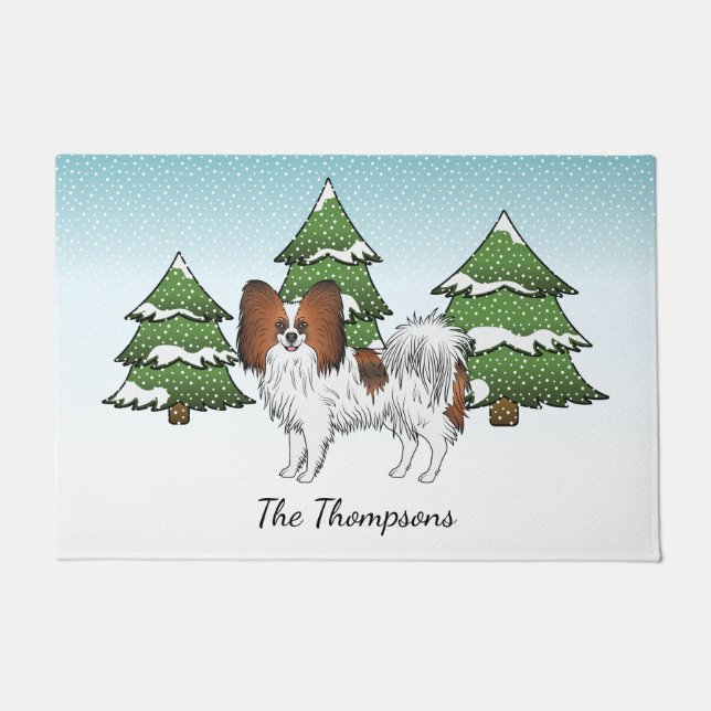 Red Sable Papillon Cute Dog In A Winter Forest Doormat (Front)