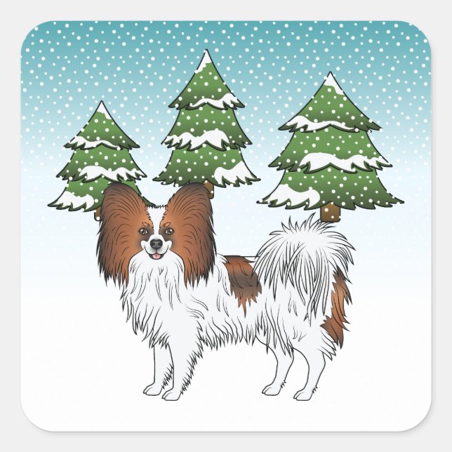 Red Sable Papillon Cute Dog In A Winter Forest Square Sticker (Front)