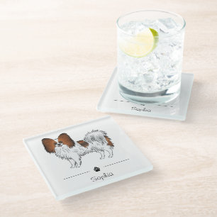 Red Sable Papillon Cute Dog With Custom Text Glass Coaster