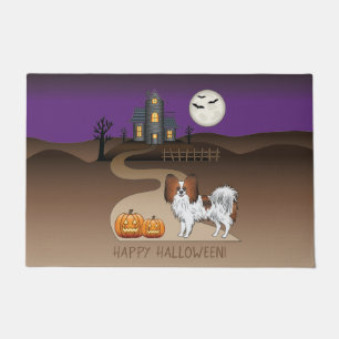 Red Sable Papillon Dog And Halloween Haunted House Doormat