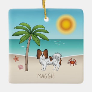Red Sable Papillon Dog At A Tropical Summer Beach Ceramic Ornament