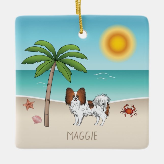 Red Sable Papillon Dog At A Tropical Summer Beach Ceramic Ornament (Front)