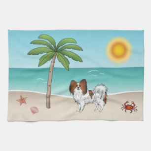 Red Sable Papillon Dog At A Tropical Summer Beach Tea Towel