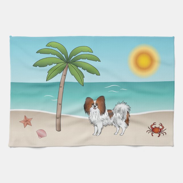 Red Sable Papillon Dog At A Tropical Summer Beach Tea Towel (Horizontal)