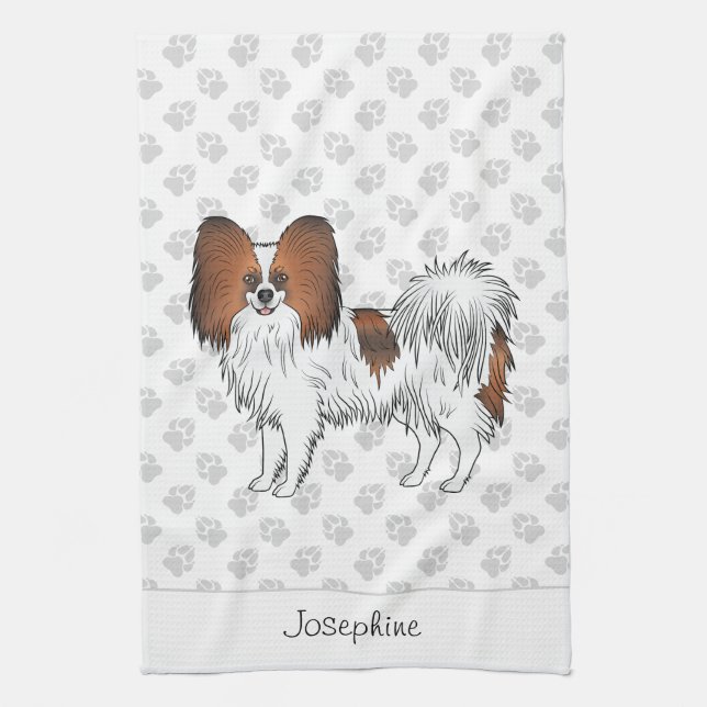 Red Sable Papillon Dog With Paws And Text Tea Towel (Vertical)