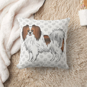 Red Sable Phalène Cartoon Dog On Grey Paw Prints Cushion
