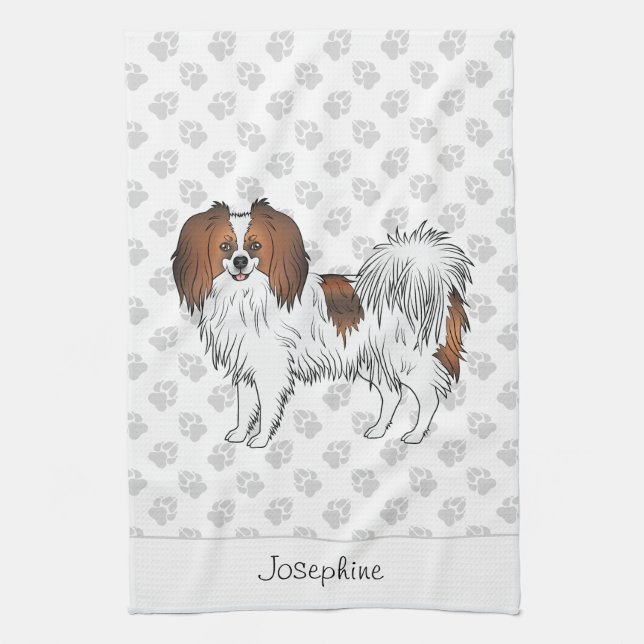 Red Sable Phalène Cartoon Dog With Custom Name Tea Towel (Vertical)