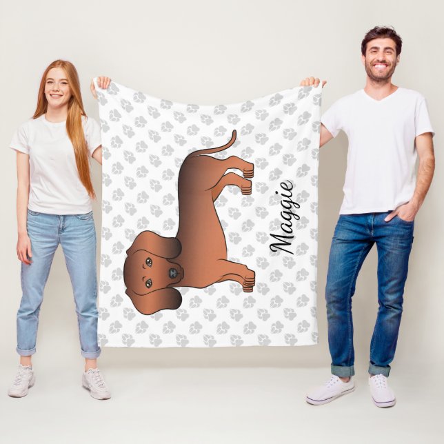 Red Sable Short Hair Dachshund Cartoon Dog & Name Fleece Blanket (In Situ)