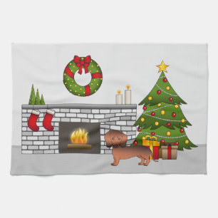 Red Sable Smooth Coat Dachshund In Christmas Room Tea Towel