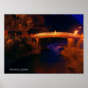 Red Sacred Bridge above a River at Night Japan Poster