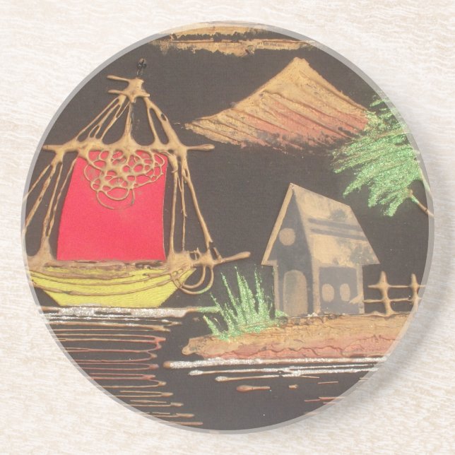 Red Sailboat Landscape Oil Painting Art Print Coaster (Front)