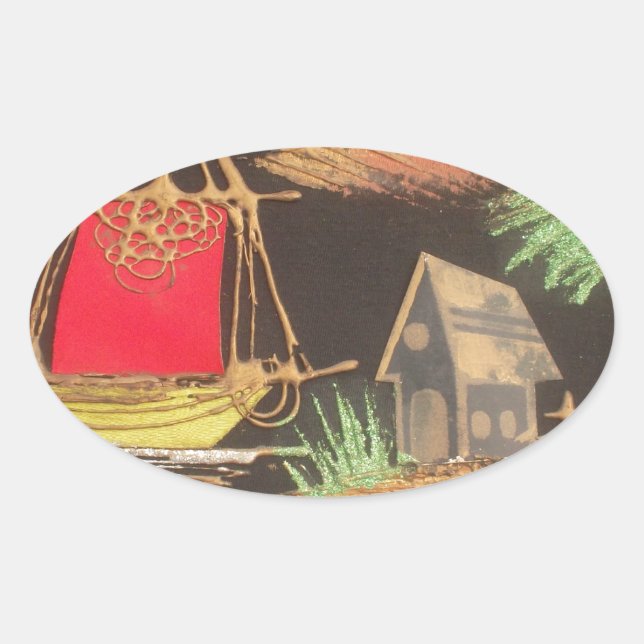 Red Sailboat Landscape Oil Painting Art Print Oval Sticker (Front)