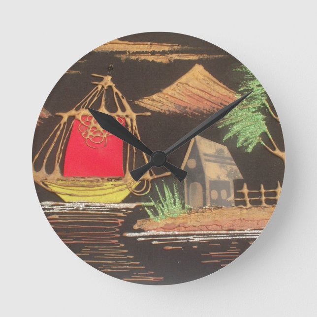 Red Sailboat Landscape Oil Painting Art Print Round Clock (Front)
