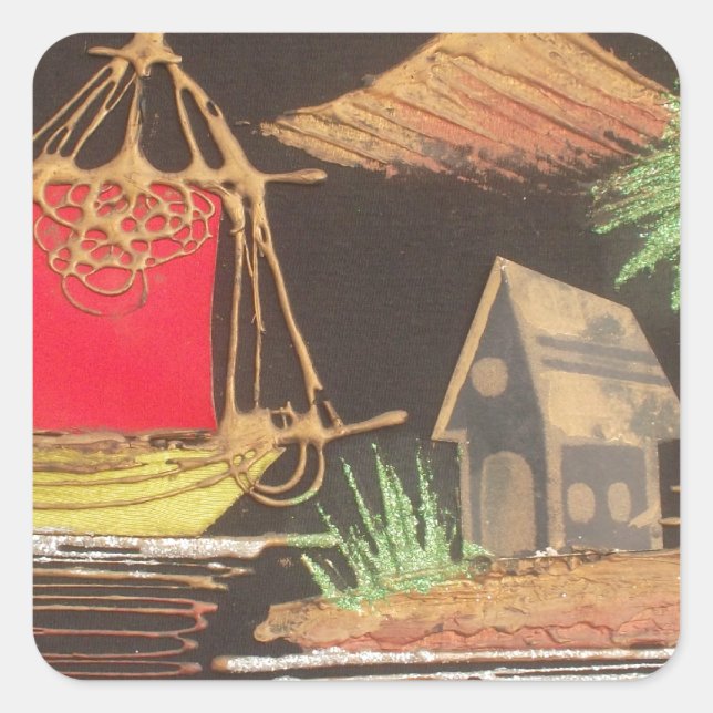 Red Sailboat Landscape Oil Painting Art Print Square Sticker (Front)