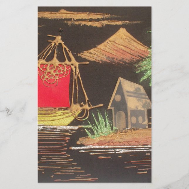 Red Sailboat Landscape Oil Painting Art Print Stationery (Front)