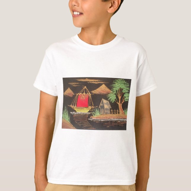 Red Sailboat Landscape Oil Painting Art Print T-Shirt (Front)