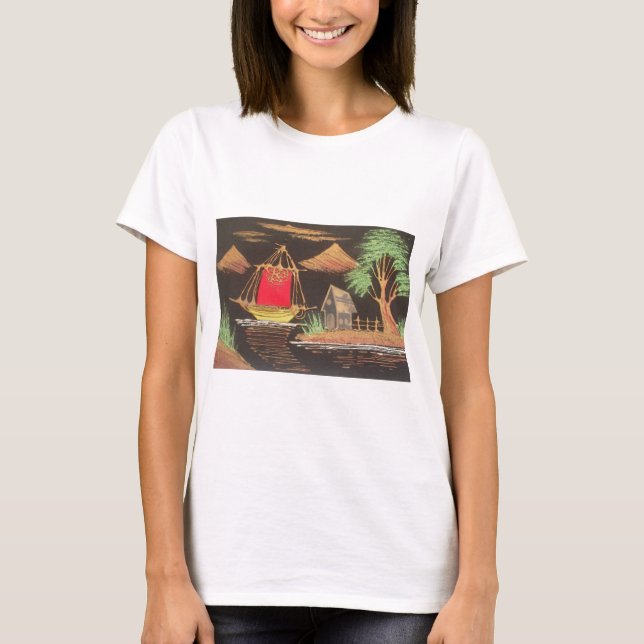 Red Sailboat Landscape Oil Painting Art Print T-Shirt (Front)