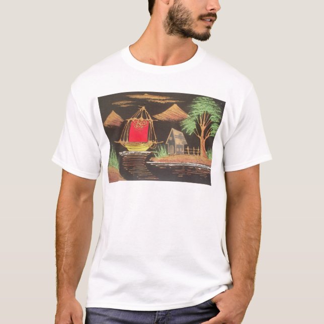 Red Sailboat Landscape Oil Painting Art Print T-Shirt (Front)