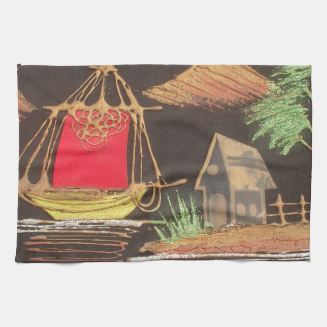 Red Sailboat Landscape Oil Painting Art Print Tea Towel (Horizontal)