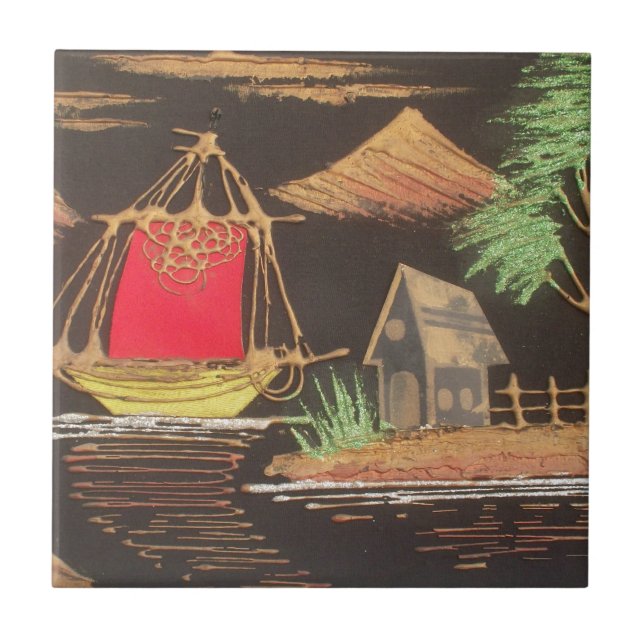 Red Sailboat Landscape Oil Painting Art Print Tile (Front)