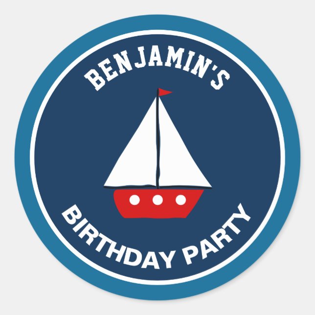 Red Sailboat Nautical Birthday Party Favour Sticke Classic Round Sticker (Front)