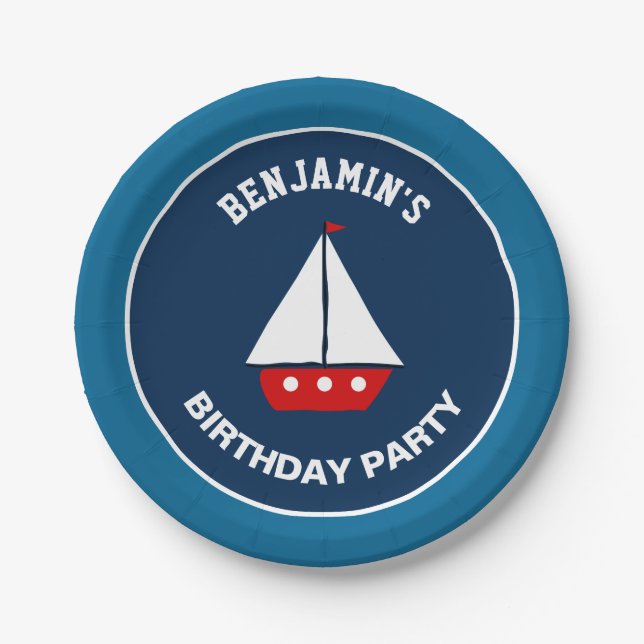 Red Sailboat Nautical Birthday Party Paper Plate (Front)