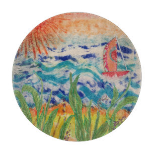 Red Sailboat Red Sun Cutting Board