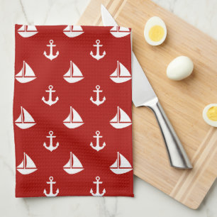 Red Sailboats and Anchors Pattern Tea Towel