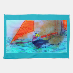 red-sailed schooner kitchen towel
