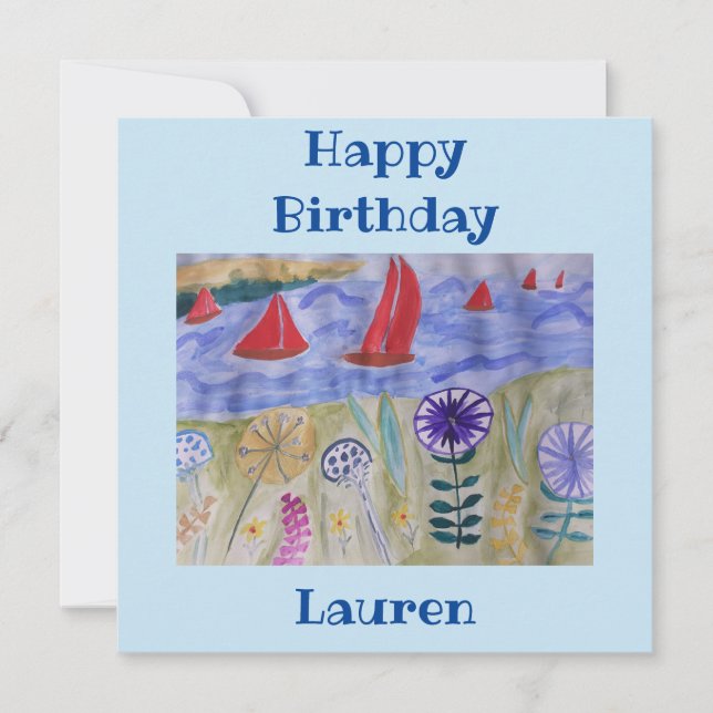 Red Sails & Flowers Flat Birthday Card (Front)
