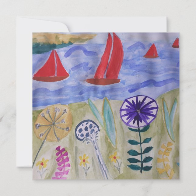 Red Sails & Flowers Flat Greeting Card (Front)