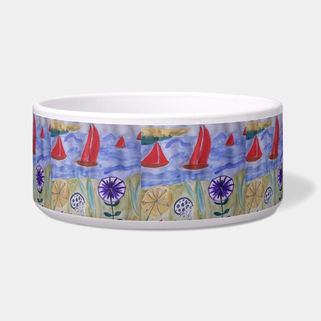 Red Sails & Flowers Pet Bowl (Front)