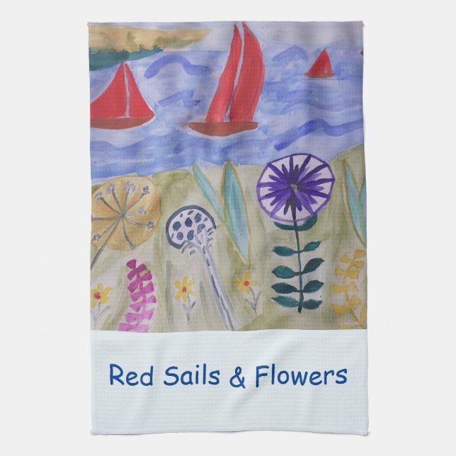 Red Sails & Flowers Tea Towel (Vertical)