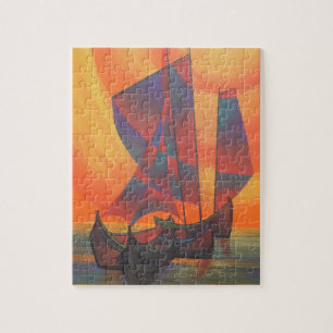 Red Sails in the Sunset Cubist Junk Abstract Jigsaw Puzzle