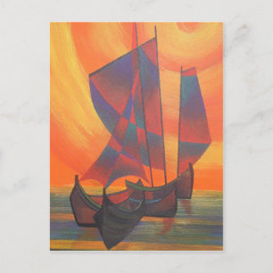 Red Sails in the Sunset Cubist Junk Abstract Postcard