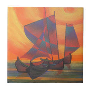 Red Sails in the Sunset Cubist Junk Abstract Tile
