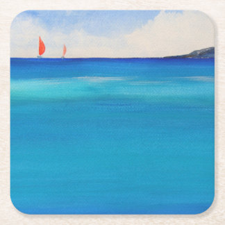 Red Sails on Blue Water, Watercolor Painting Square Paper Coaster