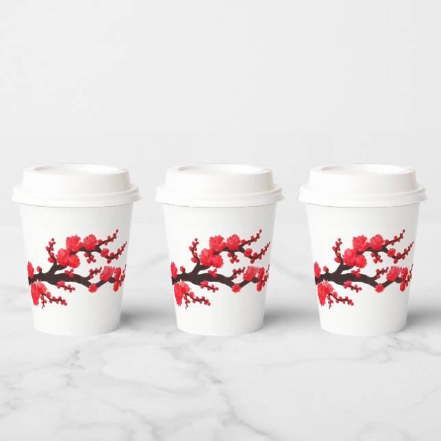 Red Sakura Blossom Painting by Sara Motolanez Paper Cups (Multi)