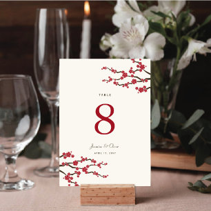 Red Sakura Cherry Blossoms Elegant Asian Wedding Table Number