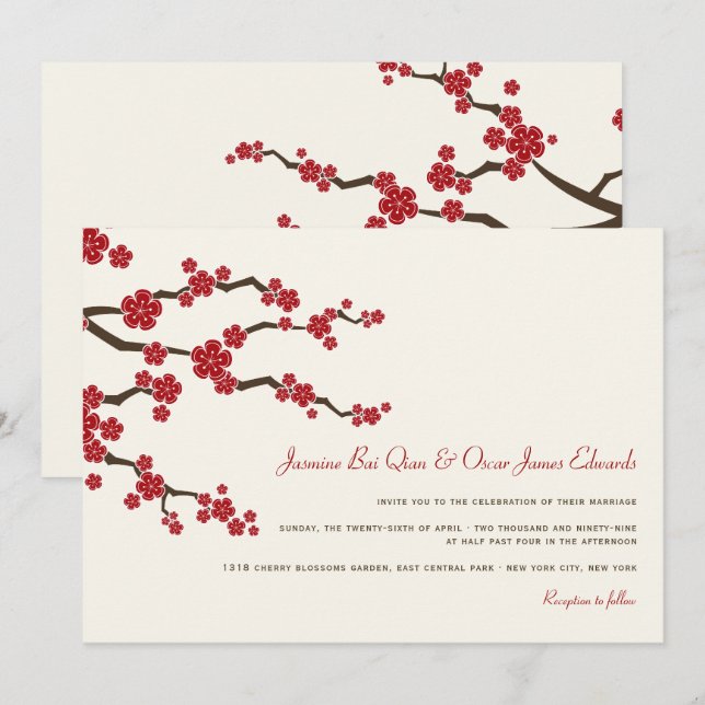 Red Sakura Cherry Blossoms Modern Asian Wedding Invitation (Front/Back)