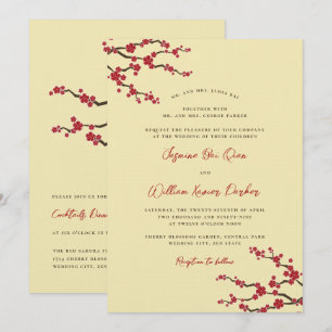 Red Sakura Cherry Blossoms Modern Asian Wedding Invitation