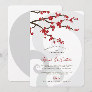 Red Sakura Cherry Blossoms Swirls Chic Engagement Invitation