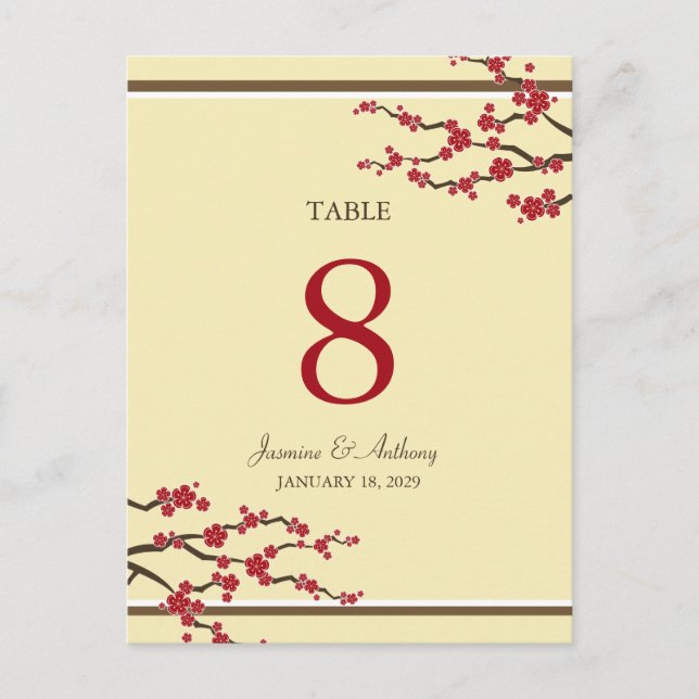 Red Sakura Cherry Blossoms Wedding Table Number Postcard (Front)