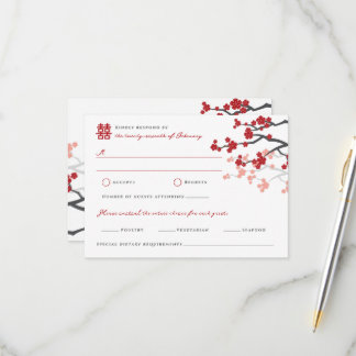 Red Sakura Double Happiness Chinese Wedding RSVP Card