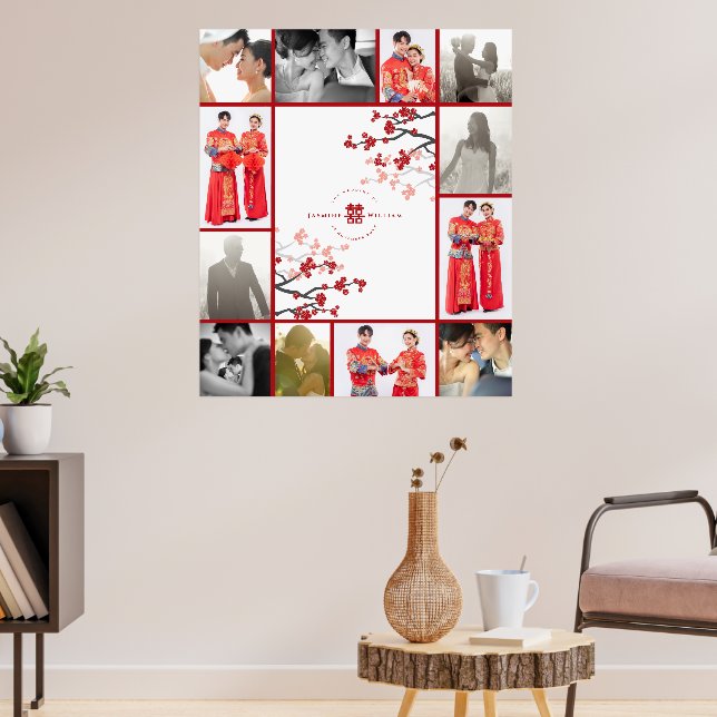 Red Sakura Double Xi Chinese Wedding 12 Photo Poster (Living Room 3)