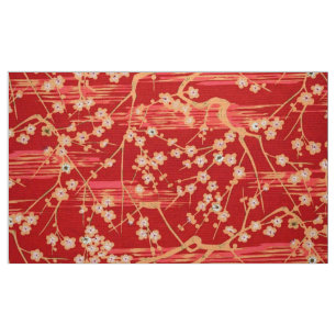 RED SAKURA FLOWERS Antique Japanese Floral Pattern Fabric