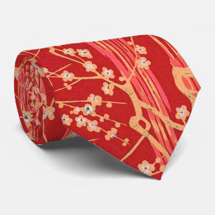 RED SAKURA FLOWERS Antique Japanese Floral Pattern Tie
