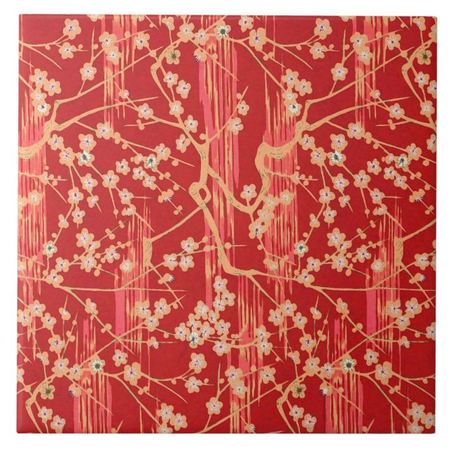 RED SAKURA FLOWERS Antique Japanese Floral Pattern Tile (Front)
