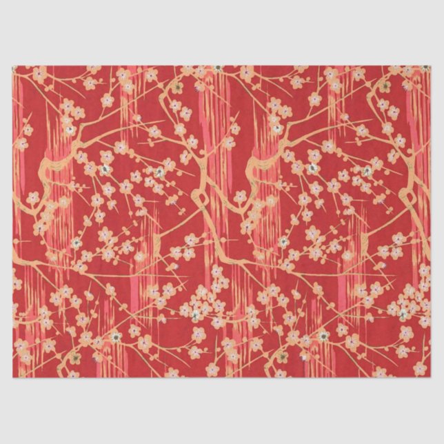 RED SAKURA FLOWERS Antique Japanese Floral Pattern Tissue Paper (Front)